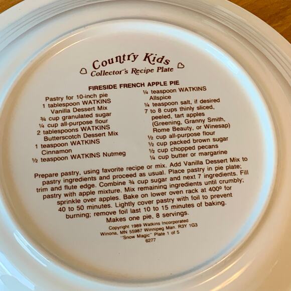 Watkins Country Kids Collectors Pie Plate SNOW MAGIC #6277 1989 Recipe Apple Pie - Picture 5 of 9
